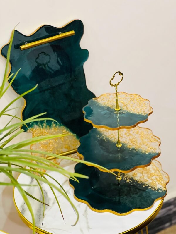 3 Tier Resin Cake Stand | Dark Green & Gold - Image 2